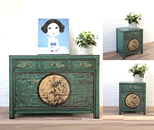 OPIUM OUTLET Conjunto de muebles chinos Aurora, muebles asiáticos para dormitorio Shabby Chic Vintage verde esmeralda, cómoda, armario y 2 mesitas de noche orientales asiáticos
