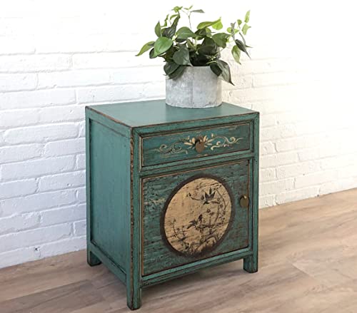 OPIUM OUTLET Conjunto de muebles chinos Aurora, muebles asiáticos para dormitorio Shabby Chic Vintage verde esmeralda, cómoda, armario y 2 mesitas de noche orientales asiáticos