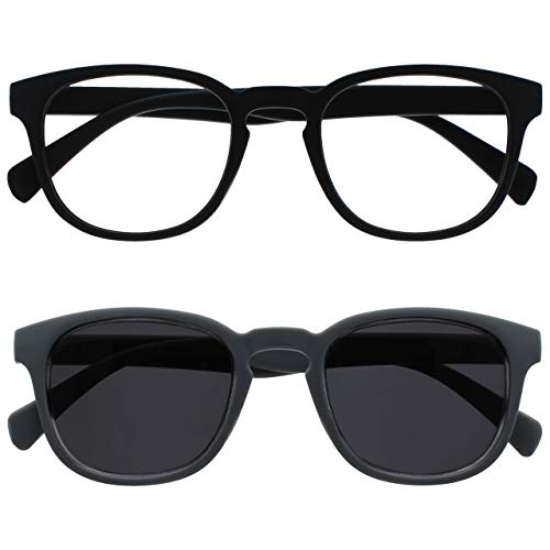 Opulize Pop Paquete Doble Gafas De Lectura Lectores De Sol Retro Redondo Negro Gris Hombres Mujeres Bisagras Resorte RS2-17 +1,00