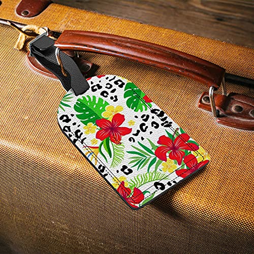 Orediy Etiquetas de equipaje de viaje con tarjeta de identificación de nombre de flores tropicales y leopardo maleta bolsa de equipaje etiquetas etiquetas de cuero PU 1 pieza