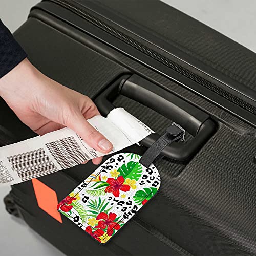Orediy Etiquetas de equipaje de viaje con tarjeta de identificación de nombre de flores tropicales y leopardo maleta bolsa de equipaje etiquetas etiquetas de cuero PU 1 pieza