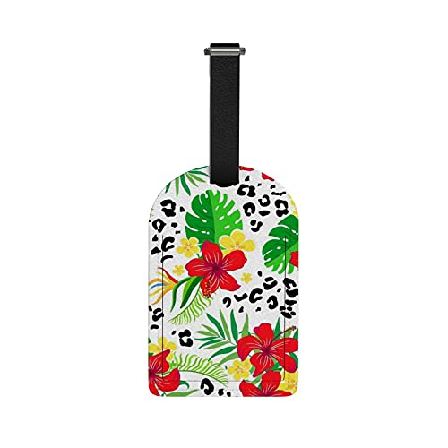 Orediy Etiquetas de equipaje de viaje con tarjeta de identificación de nombre de flores tropicales y leopardo maleta bolsa de equipaje etiquetas etiquetas de cuero PU 1 pieza