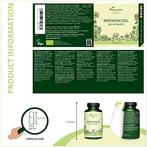 Ortiga Verde BIO Vegavero® | La Dosis Más Alta: 1800 mg | Diurético Natural | Extracto de Raíz & Hojas (4:1) | Sin Aditivos | Libre de OMG & Apto para Veganos | 120 Cápsulas
