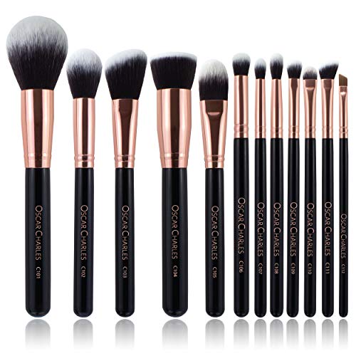 Oscar Charles Juego de brochas de maquillaje profesional Luxe [12 piezas] [Oro rosa]