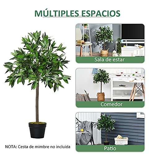 Outsunny 2 Plantas Artificiales de 90 cm de Altura Árboles de Laurel Decorativos con Maceta para Hogar Salón Uso en Interiores y Exteriores Verde