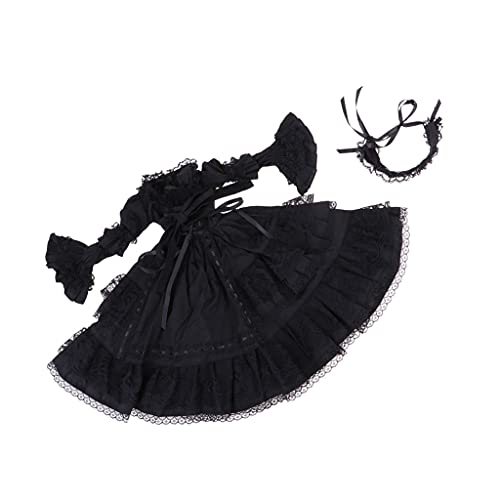 P Prettyia Victoriana Vestido de Manga Burbuja Princesa con Cinta de Cabello Falda de Fiesta Disfraz Decoraciones para 1/3 Modelo de Muñecas Lolita - Negro