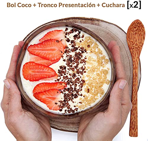 Pack >> 2 Bol Desayuno estilo Bol de Coco + Tronco Madera | Cuencos Aperitivo o Cereales y Postres | Coconut Bowl: el Paraíso en tu Cocina