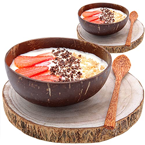 Pack >> 2 Bol Desayuno estilo Bol de Coco + Tronco Madera | Cuencos Aperitivo o Cereales y Postres | Coconut Bowl: el Paraíso en tu Cocina