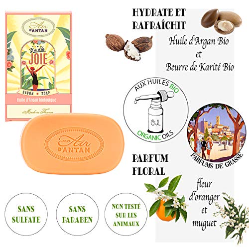 Pack 2x100 g: Jabones Franceses JOIE/Un Air d’Antan/Formula Hidratante/Azahar,Lirio de los Valles,Rosa/Piel Sensible/Aceite de Argan y Manteca de Karite BIO/Para Manos o Corpo/Sin Parabeno