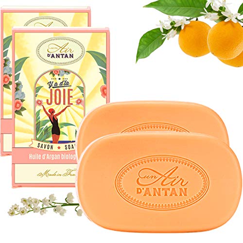 Pack 2x100 g: Jabones Franceses JOIE/Un Air d’Antan/Formula Hidratante/Azahar,Lirio de los Valles,Rosa/Piel Sensible/Aceite de Argan y Manteca de Karite BIO/Para Manos o Corpo/Sin Parabeno