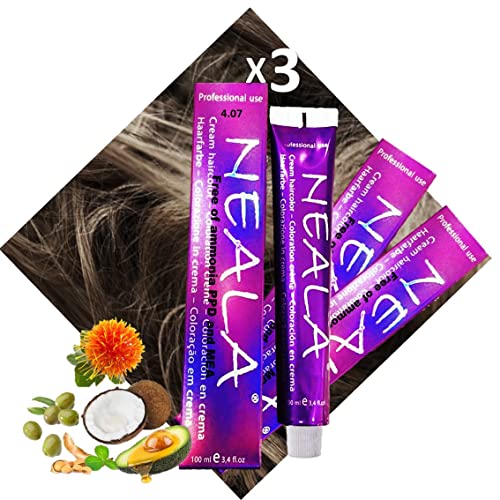 Pack 3-5.07 Tintes Profesionales SIN AMONIACO y libre de PPD y MEA Enriquecido con Omega9, extractos naturales y vitaminas. Gran brillo y cobertura 5.07- Castaño Claro miel - NEALA 3x100ml.