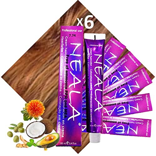 Pack 6-7.74- Coloración Profesional SIN AMONIACO y libre de PPD y MEA Enriquecido con Omega9, extractos naturales y vitaminas. Gran brillo y cobertura- 7.74- RUBIO MEDIO AVELLANA - NEALA 6x100ml.