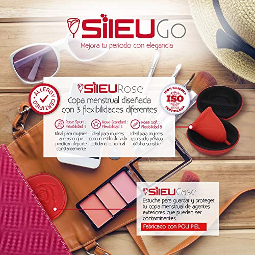 Pack Sileu Go: Copa menstrual Rose - Modelo de iniciación - Alternativa ecológica, natural a tampones y compresas - Talla XS, Rojo, Flexibilidad Sport + Estuche de Flor Rojo