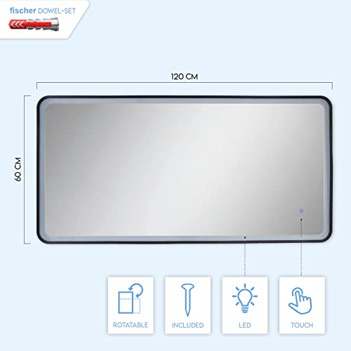 Paco Home Bombilla LED Espejo Maquillaje Con Iluminación Baño Iluminación Indirecta Deco Baño IP44 Interruptor Táctil, Tipo de lámpara:Rectangular (120x60 cm), Farbe MuVa: negro_3