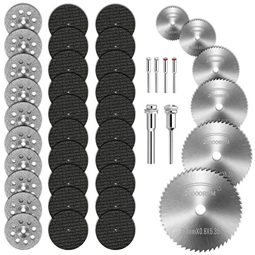 PAIRIER 42 Piezas Hojas de Sierra Circular Set,6 Piezas Mini Hoja de Sierra Circular HSS,10 Piezas Mini Disco Corte Diamante,20 Piezas Mini Disco de Corte de Resin,6 Piezas enlaces