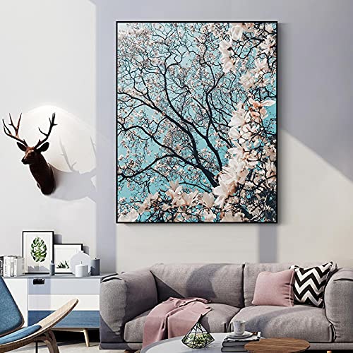 Paisaje Abstracto Lienzo Pintura áRbol Con Impresiones De Flores Blancas Y Carteles ImáGenes ArtíSticas De Pared Para Sala De Estar DecoracióN Del Hogar-80x100cm Sin Marco