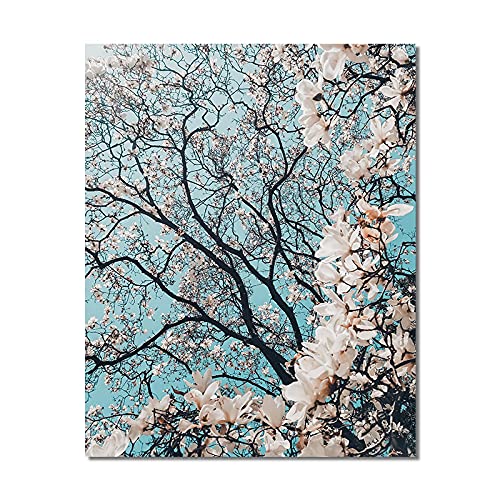 Paisaje Abstracto Lienzo Pintura áRbol Con Impresiones De Flores Blancas Y Carteles ImáGenes ArtíSticas De Pared Para Sala De Estar DecoracióN Del Hogar-80x100cm Sin Marco