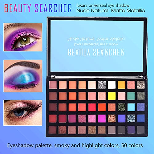 Paleta de maquillaje, 50 colores, pigmentos prensados con brillo mate, sombra de ojos suave, paleta de maquillaje metálica para desnudos de larga duración a prueba de agua
