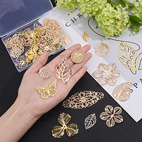 PandaHall 18 estilos de oro filigrana colgante enlaces hoja flor hierro metal conector encantos adornos para DIY pendientes horquilla sombreros collar joyería fabricación