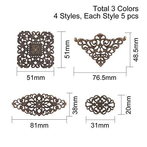 PandaHall 60 Piezas 3 Colores rombo y triángulo Flor Filigrana Conectores encantos Colgantes Filigrana Adornos de Metal para Bricolaje Horquilla Sombreros Pendientes joyería fabricación