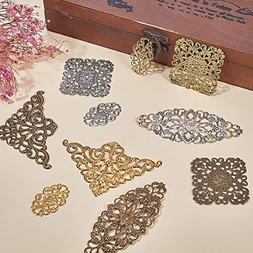 PandaHall 60 Piezas 3 Colores rombo y triángulo Flor Filigrana Conectores encantos Colgantes Filigrana Adornos de Metal para Bricolaje Horquilla Sombreros Pendientes joyería fabricación