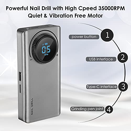 PaNt Lima de Taladro de Uñas Eléctrica, Pantalla LCD Alta Definición con Cargador Inalámbrico De 6 Bits y 6 Correas Pulidor Uñas Eléctrico Diseño Bajo Ruido y Vibración para Hogar y Salón (Grey)