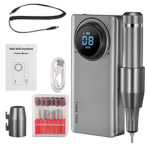 PaNt Lima de Taladro de Uñas Eléctrica, Pantalla LCD Alta Definición con Cargador Inalámbrico De 6 Bits y 6 Correas Pulidor Uñas Eléctrico Diseño Bajo Ruido y Vibración para Hogar y Salón (Grey)