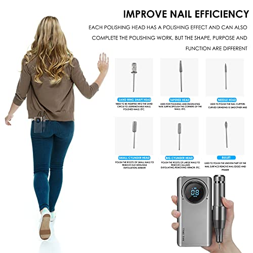 PaNt Lima de Taladro de Uñas Eléctrica, Pantalla LCD Alta Definición con Cargador Inalámbrico De 6 Bits y 6 Correas Pulidor Uñas Eléctrico Diseño Bajo Ruido y Vibración para Hogar y Salón (Grey)