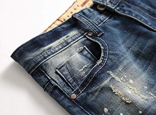 Pantalones Vaqueros De Los Hombres Jeans Straight Cher Casual Retro Rasgados Leisure Joven Slim Fit Pantalones De Mezclilla Flacos Pantalones De Algodón (Color : Azul, Size : 30)