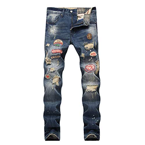 Pantalones Vaqueros De Los Hombres Jeans Straight Cher Casual Retro Rasgados Leisure Joven Slim Fit Pantalones De Mezclilla Flacos Pantalones De Algodón (Color : Azul, Size : 30)