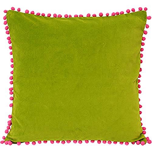 Paoletti Riva Poliéster Cojín Lleno De Faux Velvet Tela-En Contraste Fuchsia Pink Pompom Bordes Ocultos Cierre De Cremallera-100% Soft (18" X 18" Pulgadas), Cotton, Verde, 45 X 45Cm