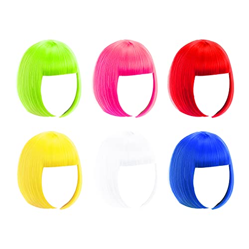 Paquete de 6 pelucas de colores, colores neón, pelucas de fiesta para mujeres y niñas, disfraz de cosplay, fiesta, vacaciones, despedida de soltera, club nocturno
