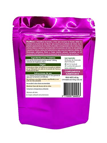 Pasiflora/NAKURU Relax/Polvo Orgánico Secado y Comprimido en Frío/Analizado y Acondicionado en Francia /"La Flor Tranquilizadora!" (90 Tabletas de 510mg / Peso Neto: 45,9g / Purpúreo)