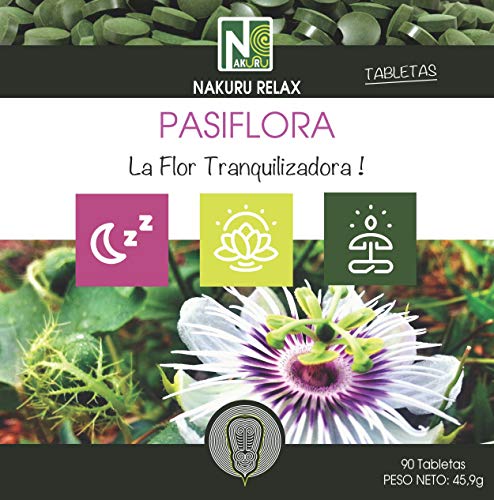 Pasiflora/NAKURU Relax/Polvo Orgánico Secado y Comprimido en Frío/Analizado y Acondicionado en Francia /"La Flor Tranquilizadora!" (90 Tabletas de 510mg / Peso Neto: 45,9g / Purpúreo)