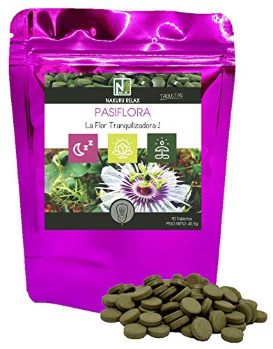 Pasiflora/NAKURU Relax/Polvo Orgánico Secado y Comprimido en Frío/Analizado y Acondicionado en Francia /"La Flor Tranquilizadora!" (90 Tabletas de 510mg / Peso Neto: 45,9g / Purpúreo)