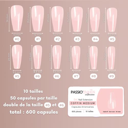 Passio'Nails Colocación americana Caja 600 cápsulas de gel rosa nude mediana tamaño para protesta onguar, principiante, uñas en casa, salones de manicura y mujeres