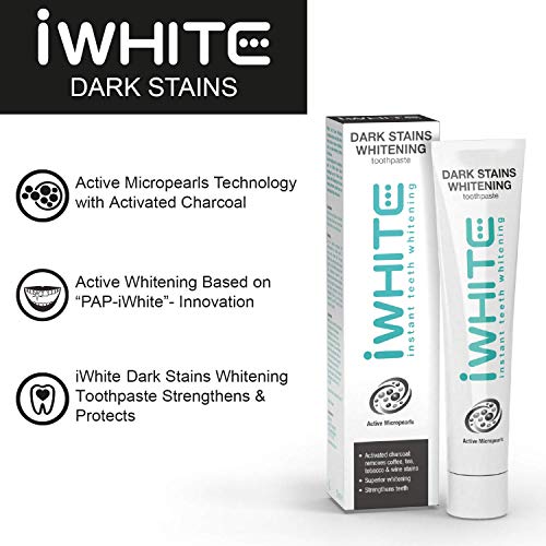 Pasta de dientes blanqueadora iWhite Dark Stains - Blanqueamiento superior - Elimina manchas - Refresca el aliento - Hecho con carbón activado - Ingredientes clínicamente probados