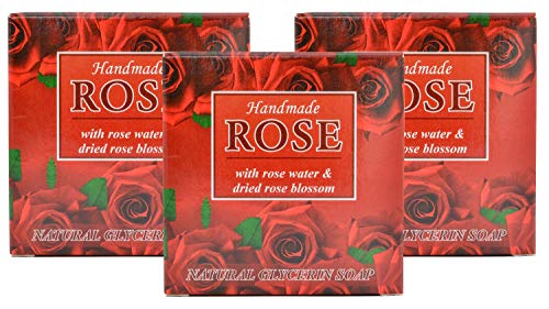 Pastillas de jabón hechas a mano Red Rose Natural con agua de rosas, aceite de coco y glicerina vegetal, 3x60g