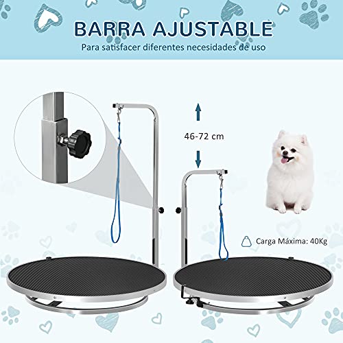 Pawhut Mesa de Peluquería para Mascotas Mesa de Aseo con Base Giratoria Brazo Ajustable de 46-72 cm de Acero Inoxidable con Correa Ø65x10 cm Negro