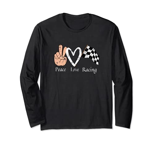 Peace Love Racing Car Racer Design Hand Peace Hippie Manga Larga
