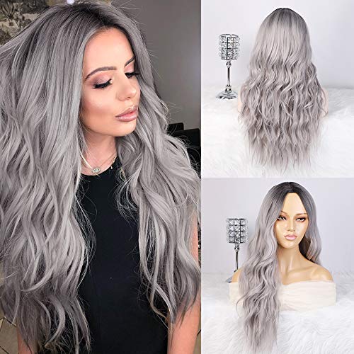 Peluca Rubia Gris largas para mujer efecto ombré, con raíces oscuras,Pelucas de cabello ondulado natural pelo con parte media, uso diario para cosplay de fiesta