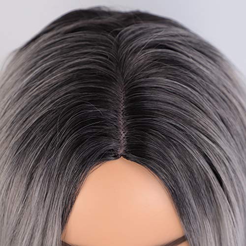 Peluca Rubia Gris largas para mujer efecto ombré, con raíces oscuras,Pelucas de cabello ondulado natural pelo con parte media, uso diario para cosplay de fiesta