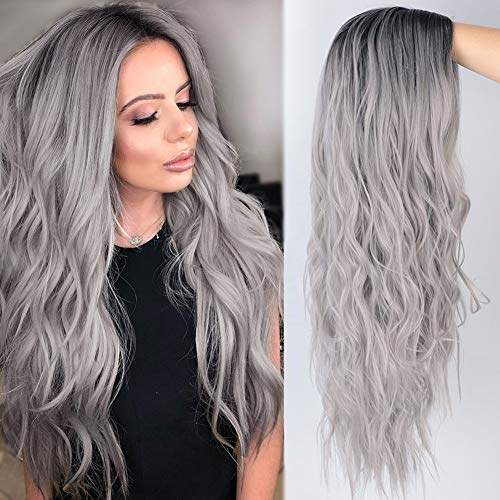 Peluca Rubia Gris largas para mujer efecto ombré, con raíces oscuras,Pelucas de cabello ondulado natural pelo con parte media, uso diario para cosplay de fiesta