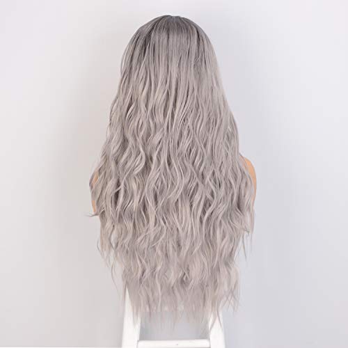 Peluca Rubia Gris largas para mujer efecto ombré, con raíces oscuras,Pelucas de cabello ondulado natural pelo con parte media, uso diario para cosplay de fiesta