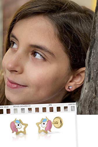 Pendientes oro 18k, o 9K niña unicornio esmaltado a mano. Medida de la joya 7.5 x 8 mm. Con cierre de máxima seguridad a rosca. Elige tu estilo. (Estrella 18 Kilates)