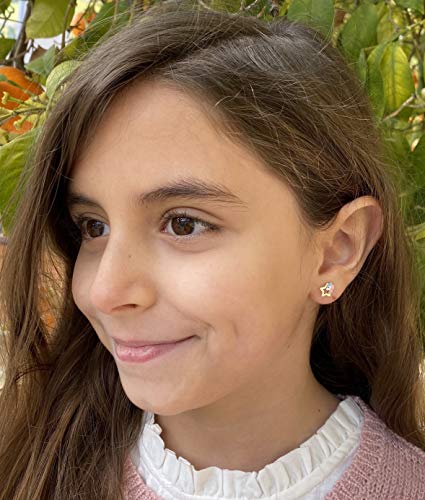 Pendientes oro 18k, o 9K niña unicornio esmaltado a mano. Medida de la joya 7.5 x 8 mm. Con cierre de máxima seguridad a rosca. Elige tu estilo. (Estrella 18 Kilates)