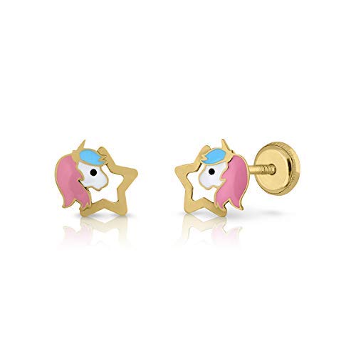 Pendientes oro 18k, o 9K niña unicornio esmaltado a mano. Medida de la joya 7.5 x 8 mm. Con cierre de máxima seguridad a rosca. Elige tu estilo. (Estrella 18 Kilates)