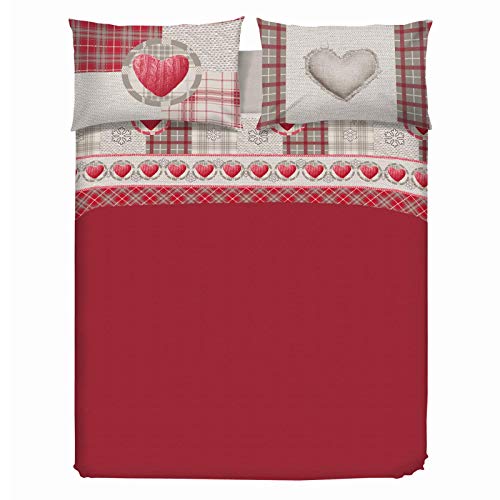 PENSIERI DELICATI Cama Doble Completa 100% Algodón, Sábanas Dobles Completas 180x200 Incluye sábana Bajera y Superior y 2 Fundas de Almohada, Made in Italy, Patrón Love Mountain Rojo