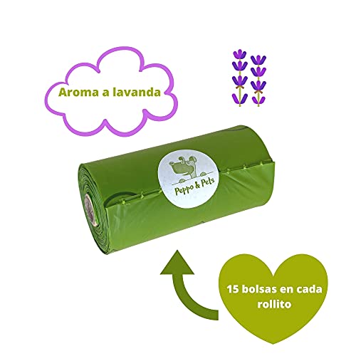 Peppo and Pets- 420 Bolsas caca perro- Mezcla de almidón de maíz- Aroma a lavanda- Muy resistentes- 15 bolsas en cada rollo