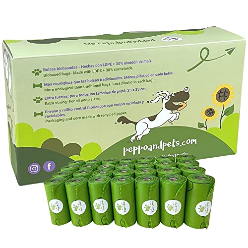 Peppo and Pets- 420 Bolsas caca perro- Mezcla de almidón de maíz- Aroma a lavanda- Muy resistentes- 15 bolsas en cada rollo